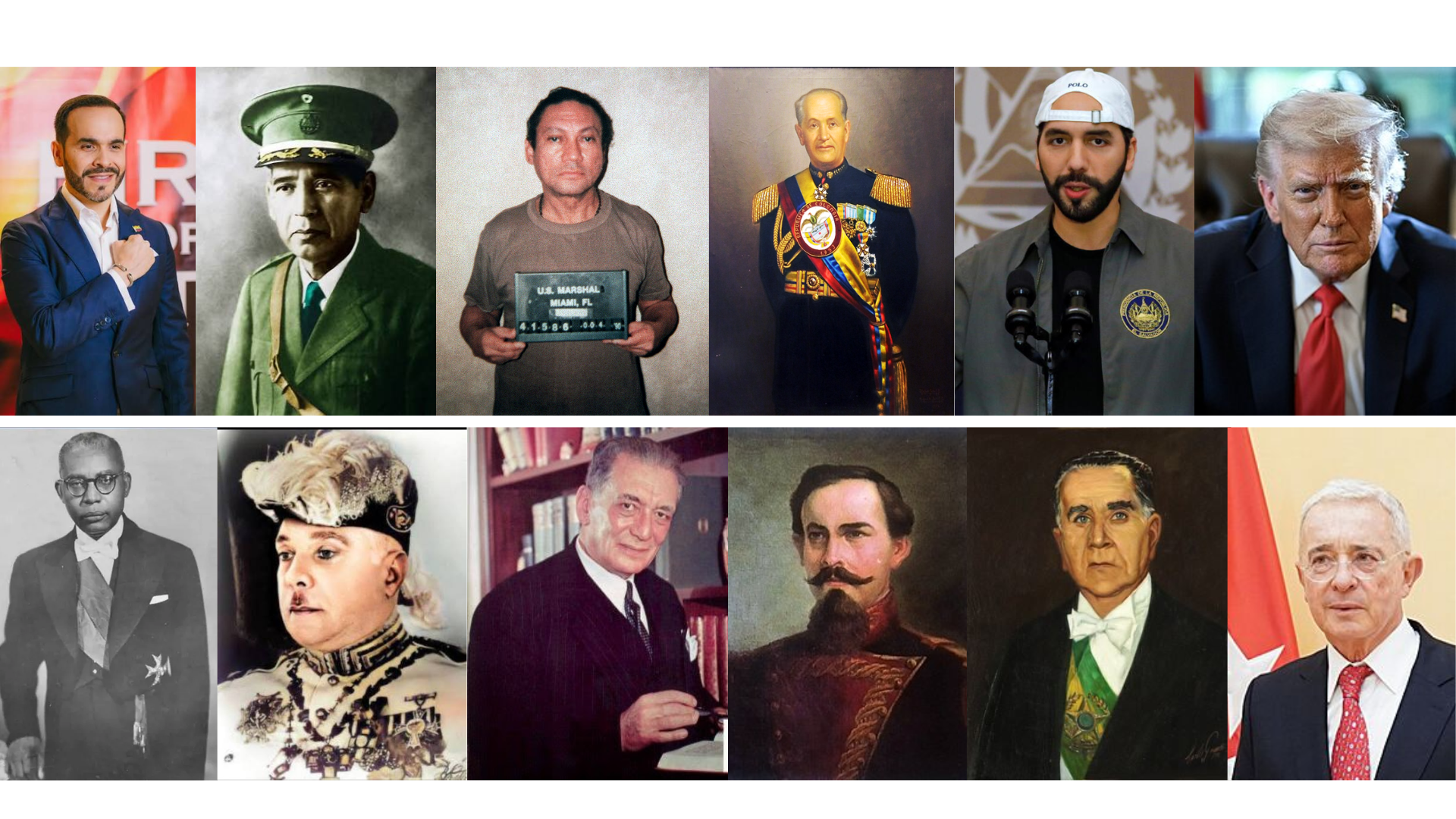 Arriba: (izquierda a derecha) Alelardo de la Espriella, Maximiliano Hernández Martínez, Manuel Antonio Noriega, Gustavo Rojas Pinilla, Nayib Bukele y Donald Trump. Abajo: (izquierda a derecha) François Duvalier, Rafael Leonidas Trujillo, Laureano Gómez, José Gaspar Rodríguez Francia, Emilio Garrastazu Médice y Álvaro Uribe
